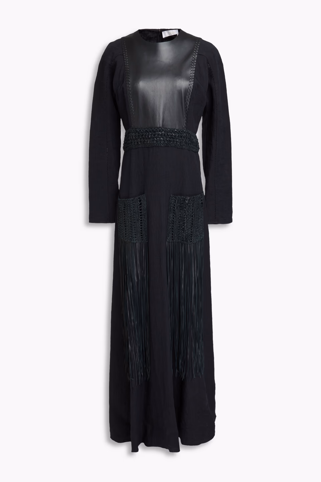 Chloe Black Fringed Crochet Detail Leather Panel Linen Maxi Dress