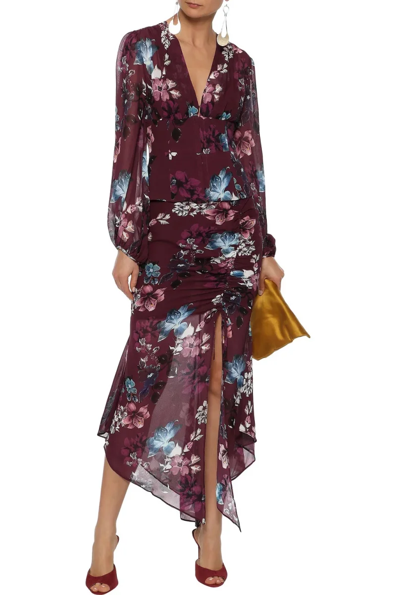 Nicholas Burgundy Floral Ruched Silk Asymmetric Skirt - Imagen 3