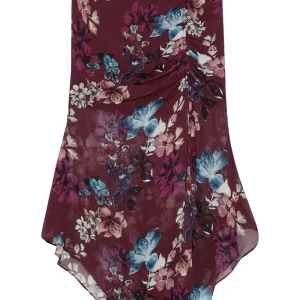 Nicholas Burgundy Floral Ruched Silk Asymmetric Skirt