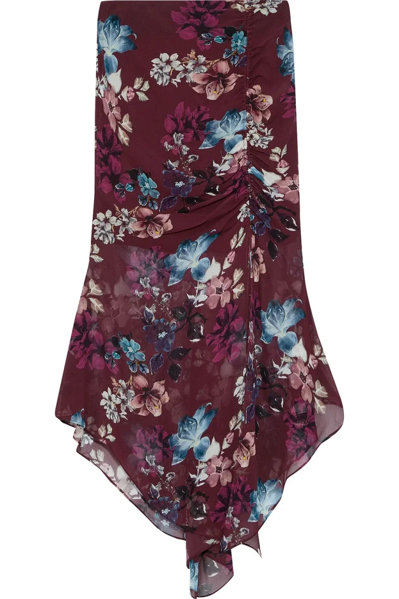 Nicholas Burgundy Floral Ruched Silk Asymmetric Skirt