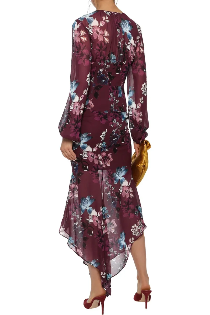 Nicholas Burgundy Floral Ruched Silk Asymmetric Skirt - Imagen 4