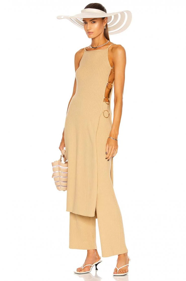 CULT GAIA Natural Sand Beige Jada Rib Knit Straight Leg Trousers - Imagen 3
